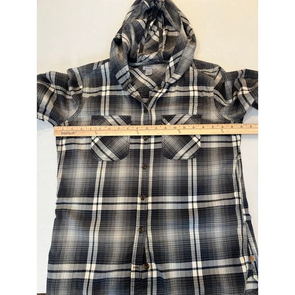 Carhartt women’s hooded flannel button up shirt, gray, and white size small 4/6 - Picture 12 of 13